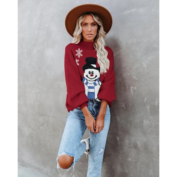 Zeagoo Women Red-snowman Long Sleeve Pullover Ribbed Knitted Pattern Sweater - Picture 3 of 4